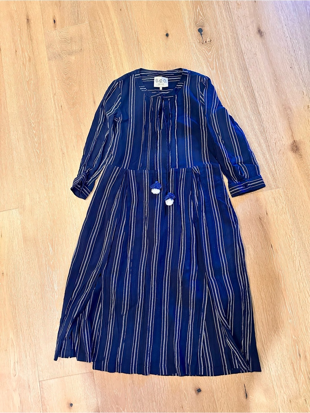 Sea Navy and White Striped Dress with Tassel Ties